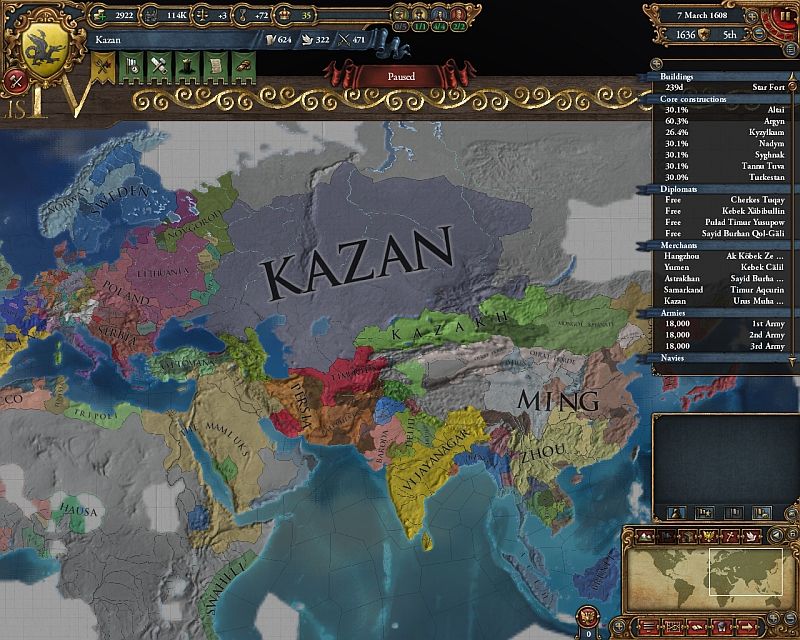 Also, earlier Kazan game. Abandoned. Without lucky nations, and AI bonuses game becomes too easy quite early (but later than in EU3):